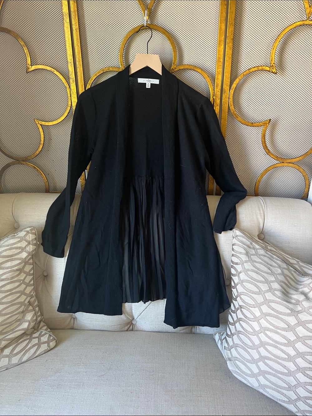Fever Black Long-Sleeve Open-Front Dress with Pleated Back Panel